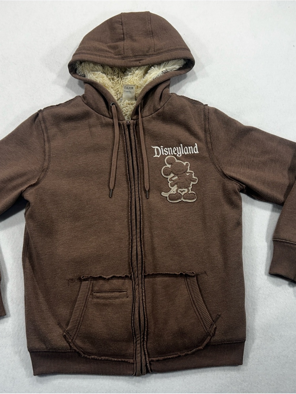 Disneyland Mickey Mouse Sherpa Lined Brown Zip Up Hoodie Jacket Size L